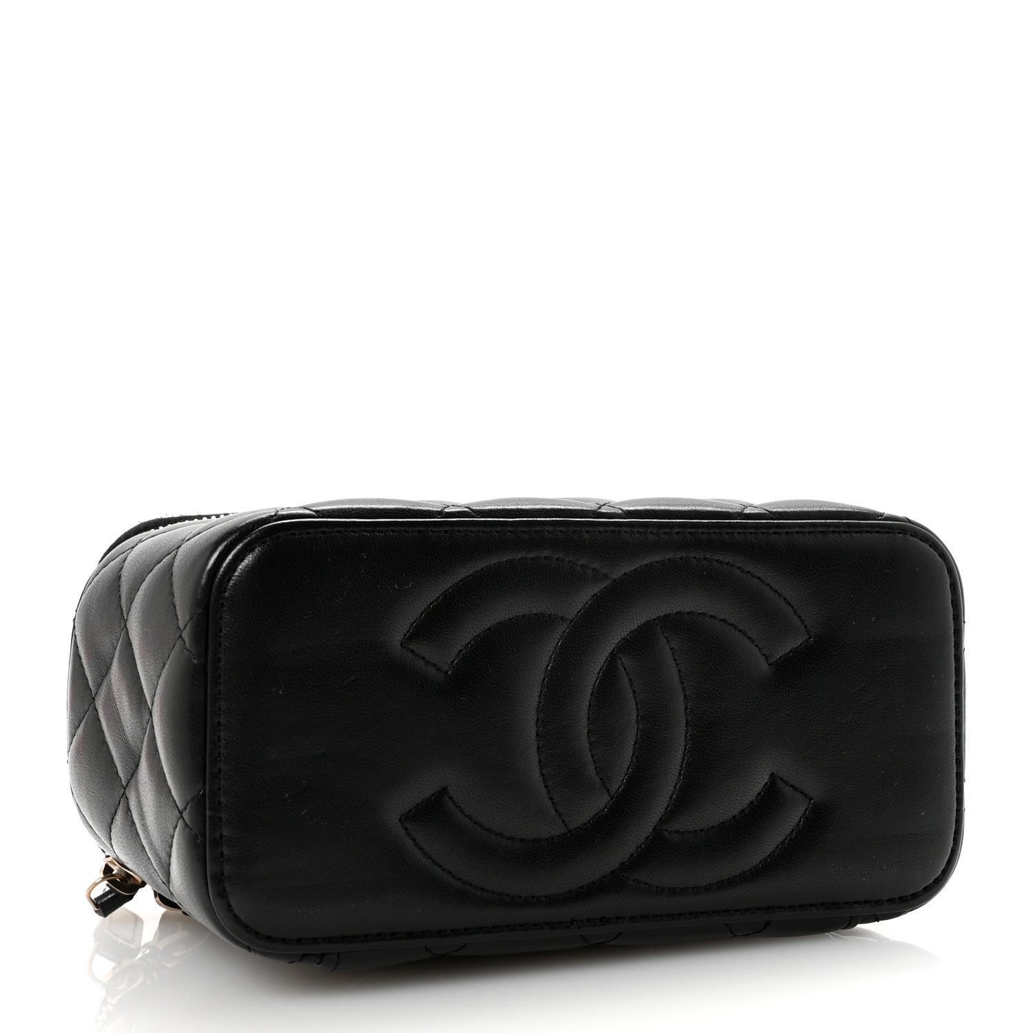 Lambskin Quilted Small Top Handle Vanity Case With Chain Black