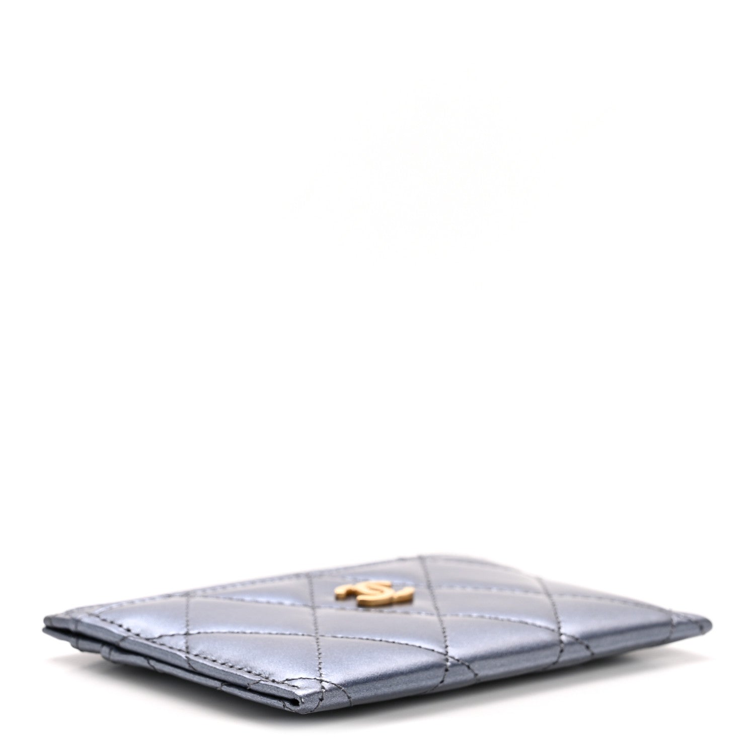 Metallic Lambskin Quilted Card Holder Dark Blue