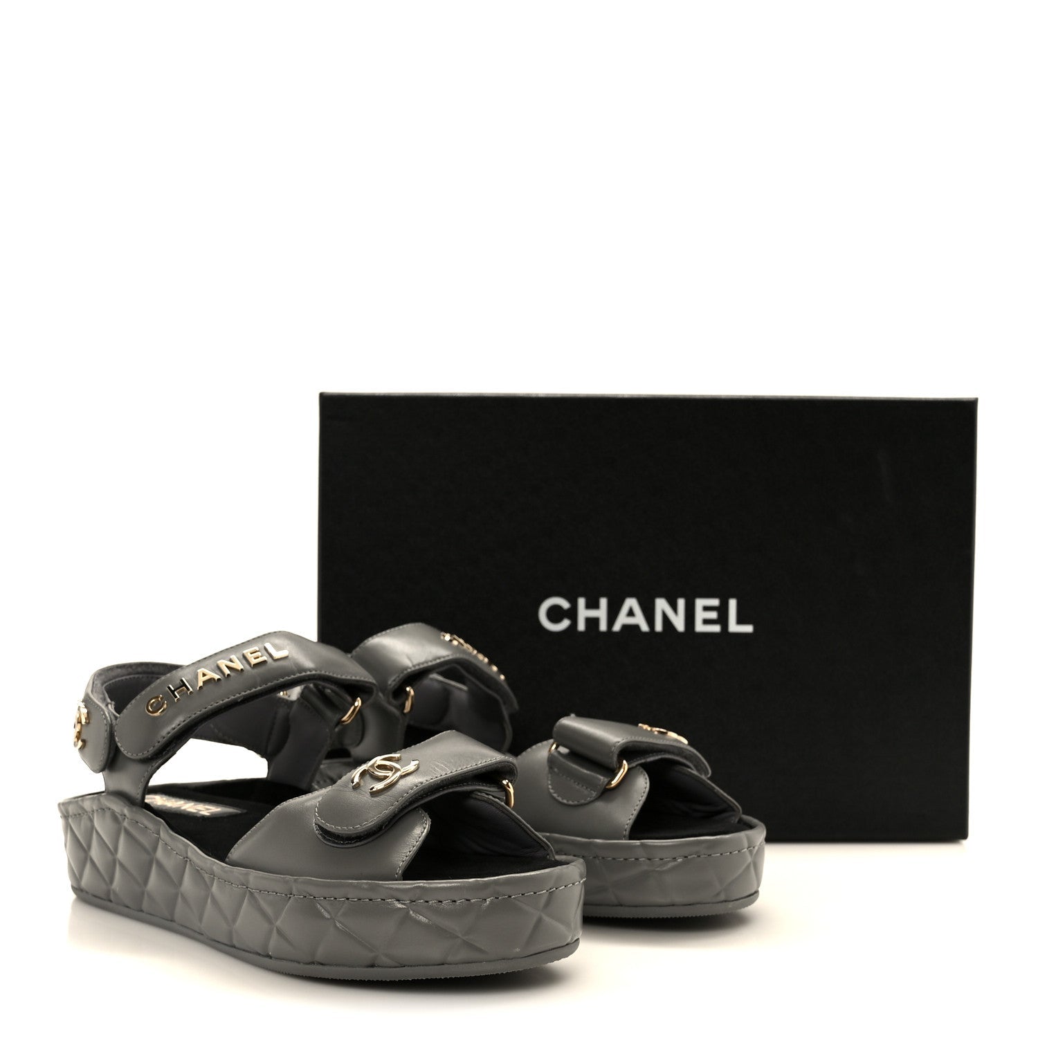 Shiny Calfskin Logo Platform Sandals 36 Grey
