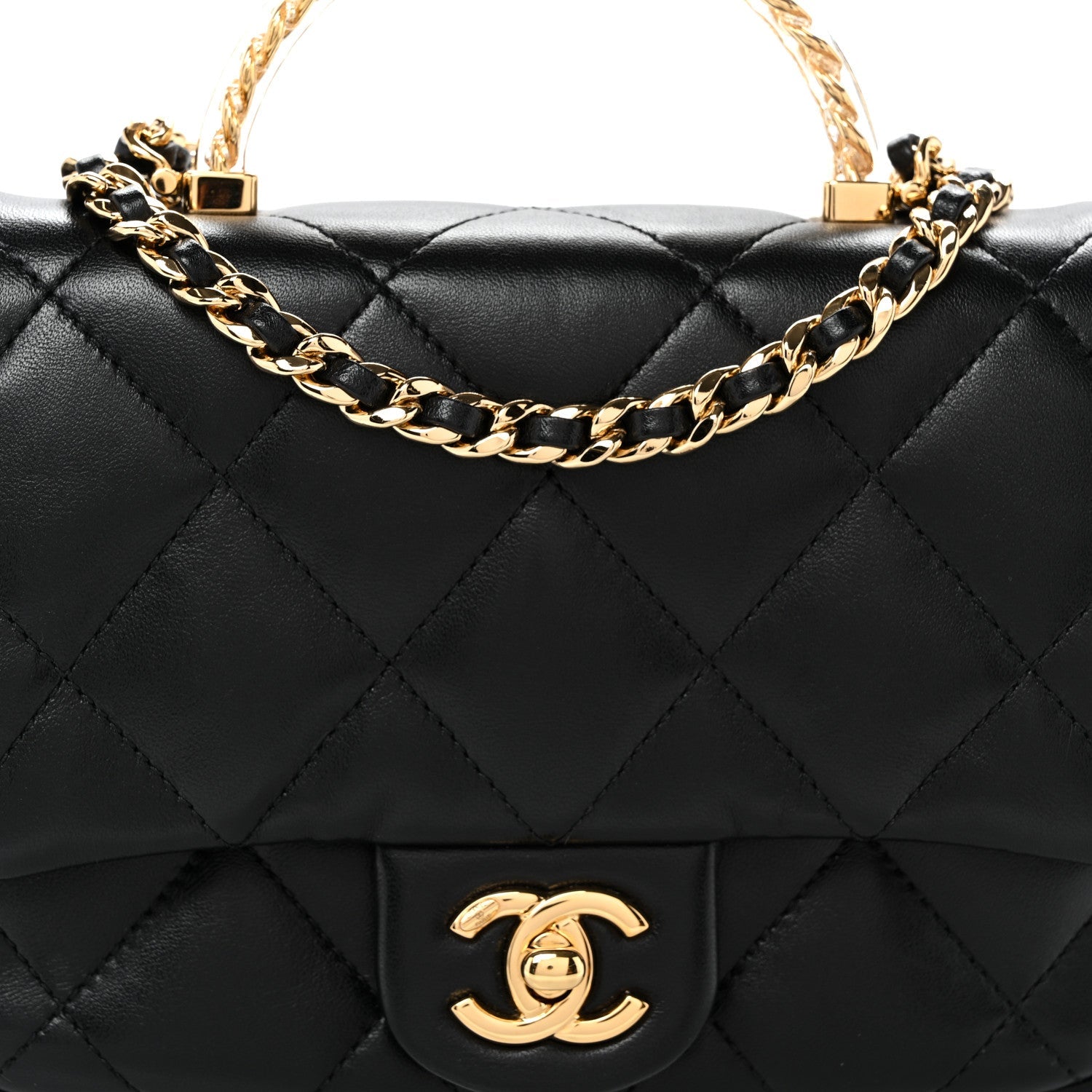 Lambskin Resin Quilted Top Handle Flap Black