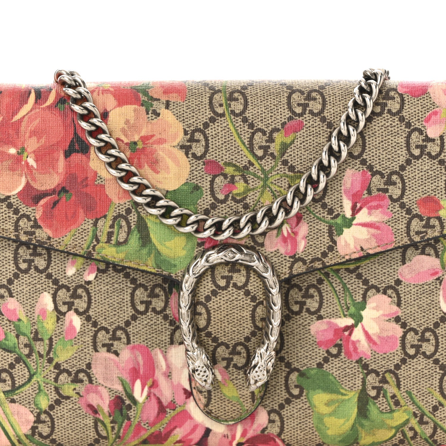 GG Supreme Monogram Blooms Mini Dionysus Chain Wallet Beige Multicolor Dry Rose