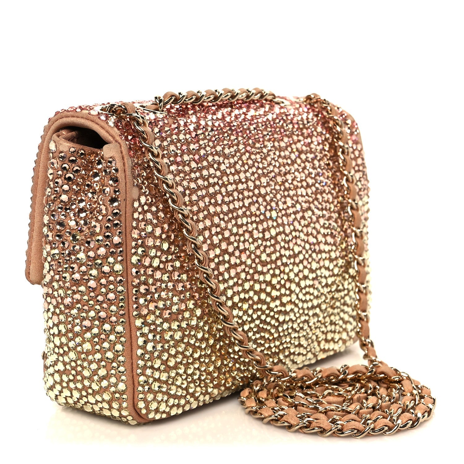 Suede Calfskin Crystal Mini Flap Pink Golden