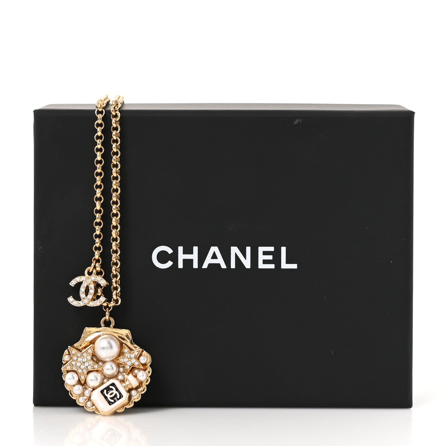 Metal Pearl Crystal CC Shell Necklace Gold