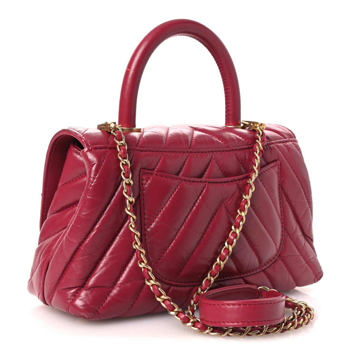 Aged Calfskin Chevron Quilted Mini Coco Handle Flap Dark Pink