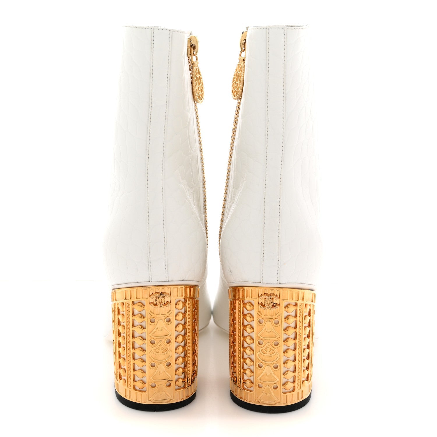 Calfskin Crocodile Embossed Patent Cap Toe Metiers D'Art Ankle Boots 36 White Black