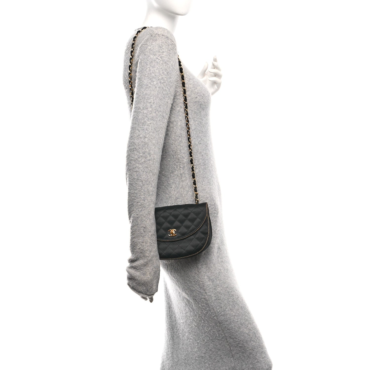 Satin Quilted Flap Shoulder Bag Black Gold