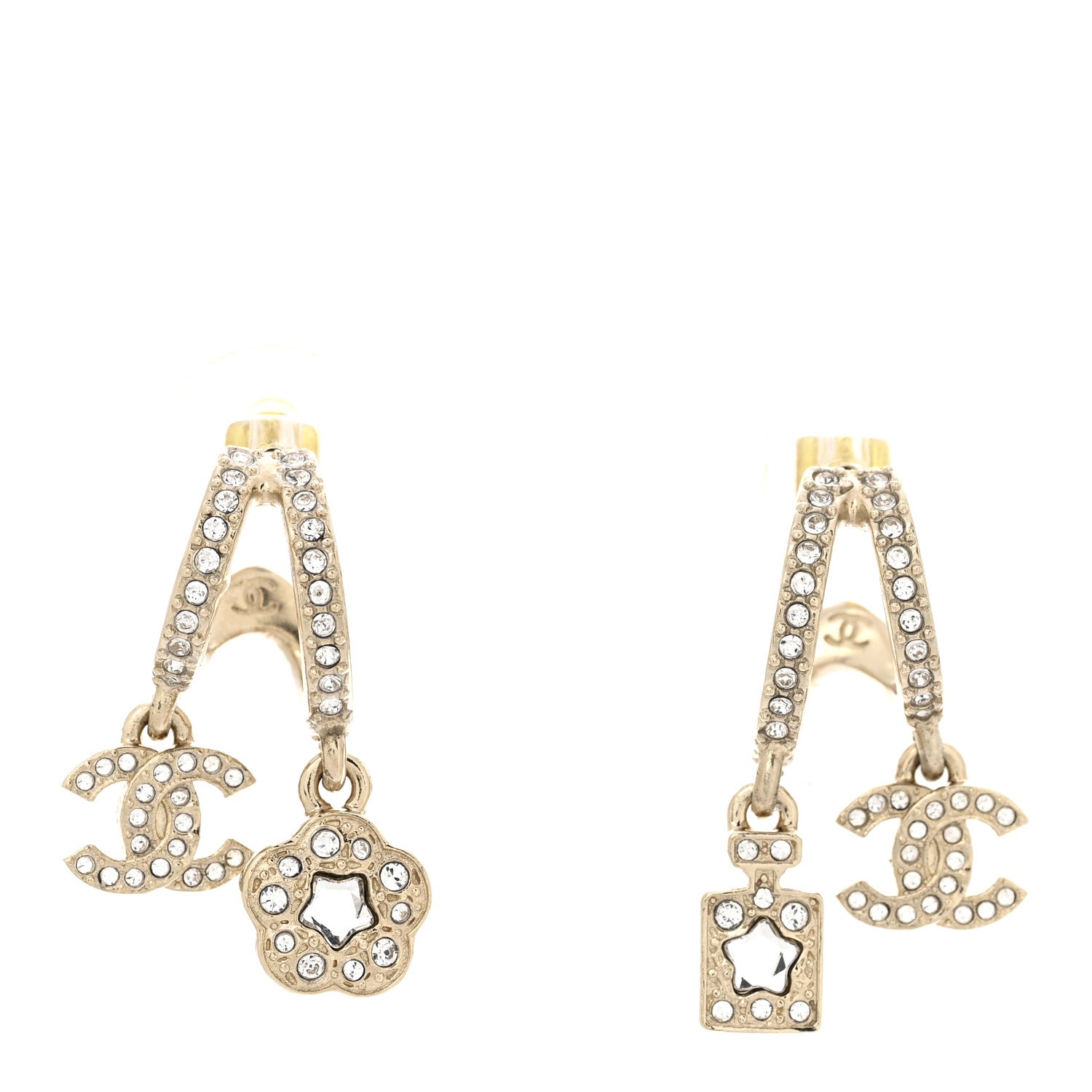 Crystal CC Camellia Perfume Bottle Double Hoop Earrings Gold