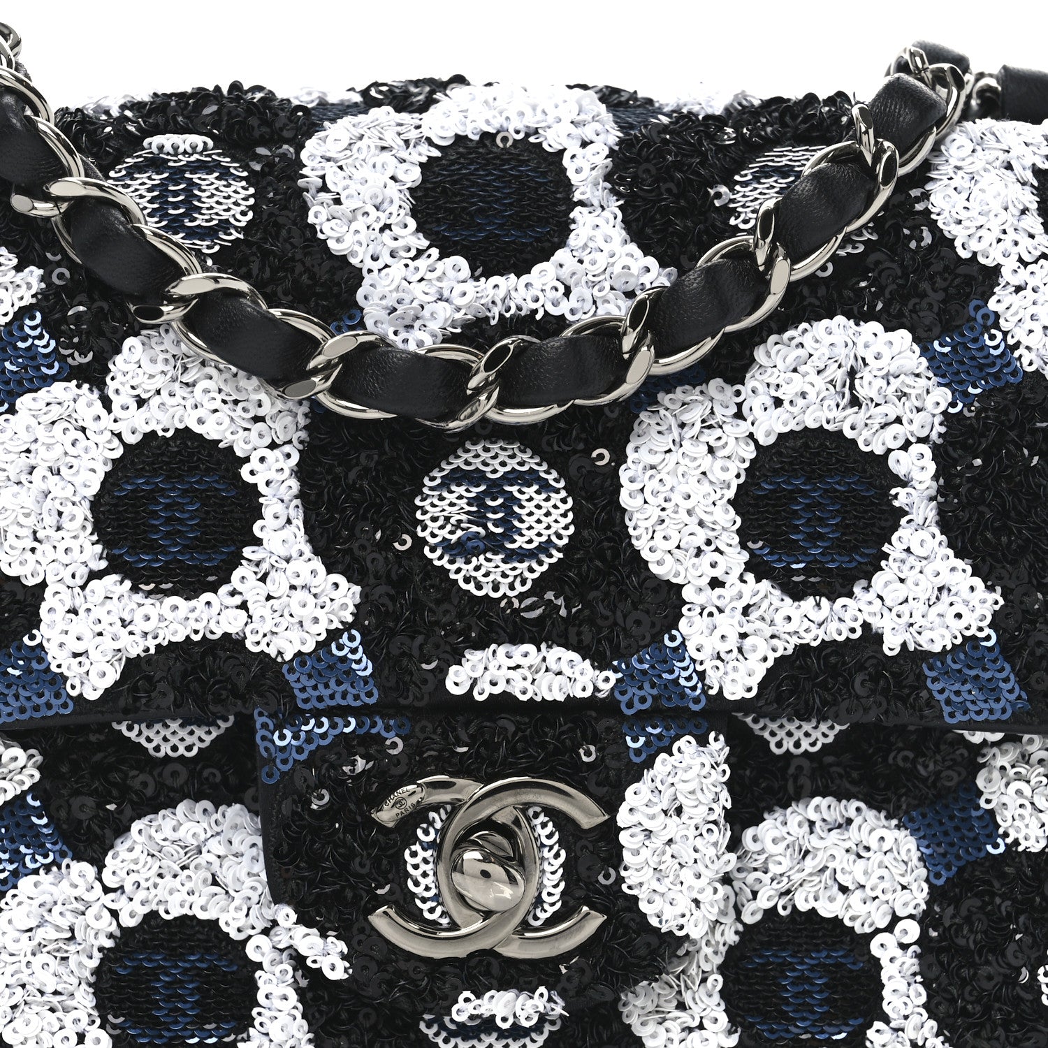 Satin Sequin Embellished Flower Mini Rectangular Flap Black White Blue