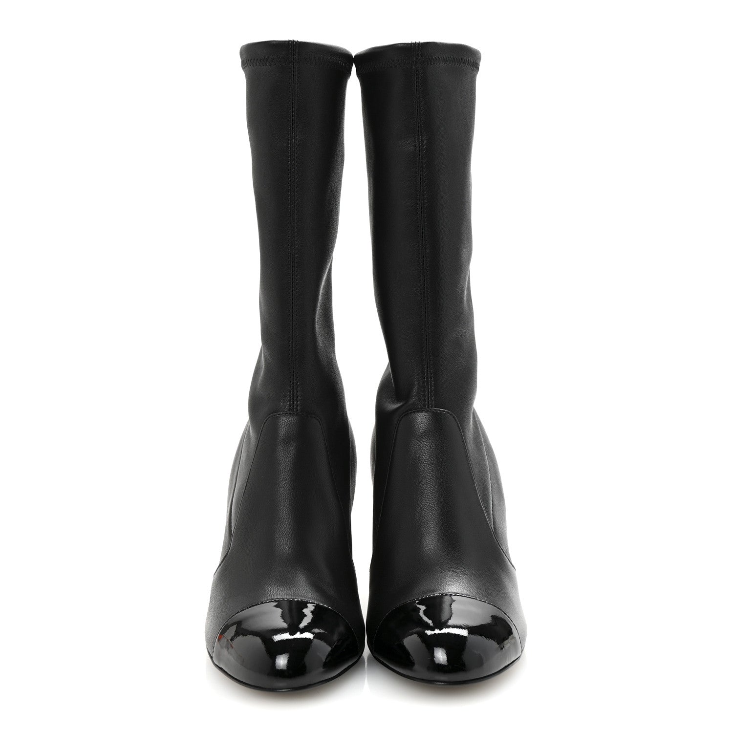 Stretch Lambskin Patent Cap Toe Pearl Ball Mid Calf Boots 35 Black