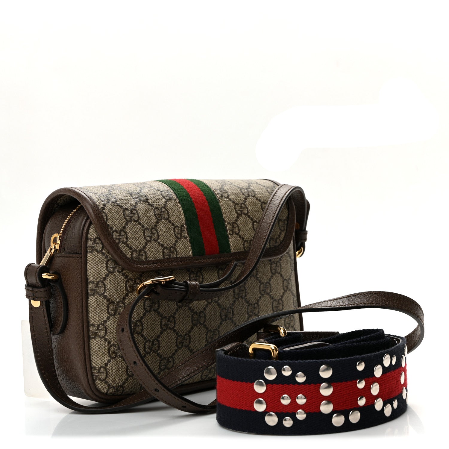 GG Supreme Monogram Textured Dollar Calfskin Web Studded Mini Ophidia Flap Shoulder Bag Beige Ebony New Acero