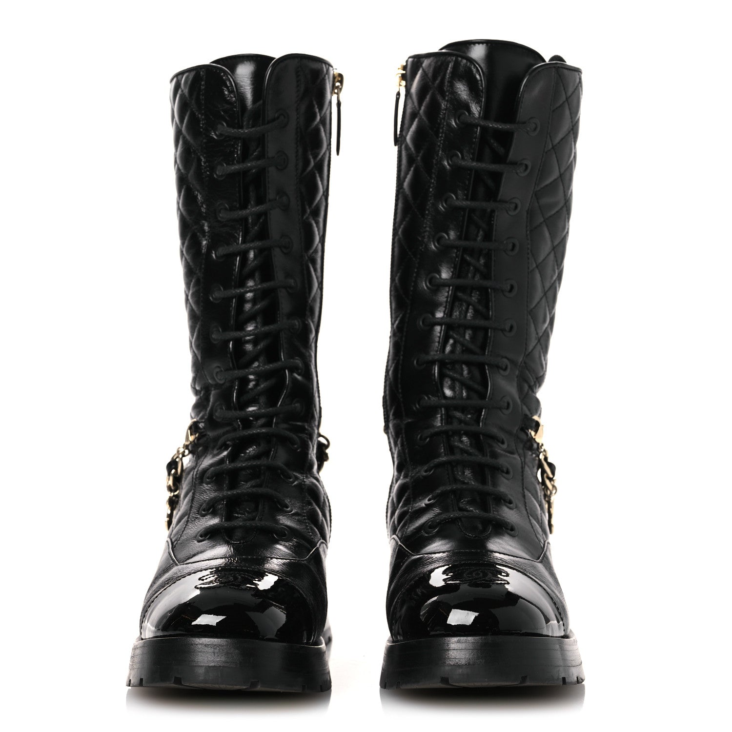 Shiny Calfskin Patent Quilted Chain Lace Up Combat Long Boots 37 Black