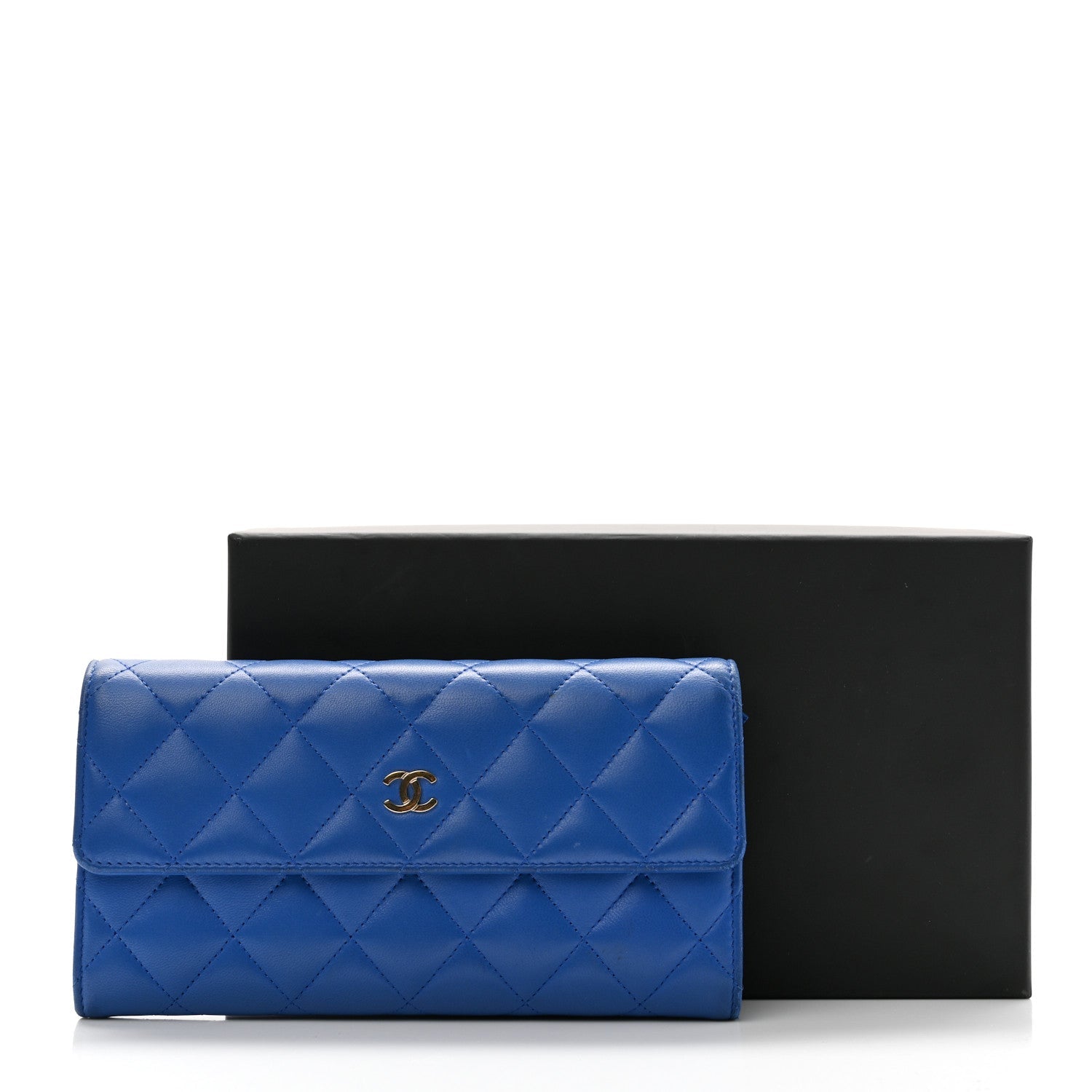 Lambskin Quilted Large Gusset Flap Wallet Blue
