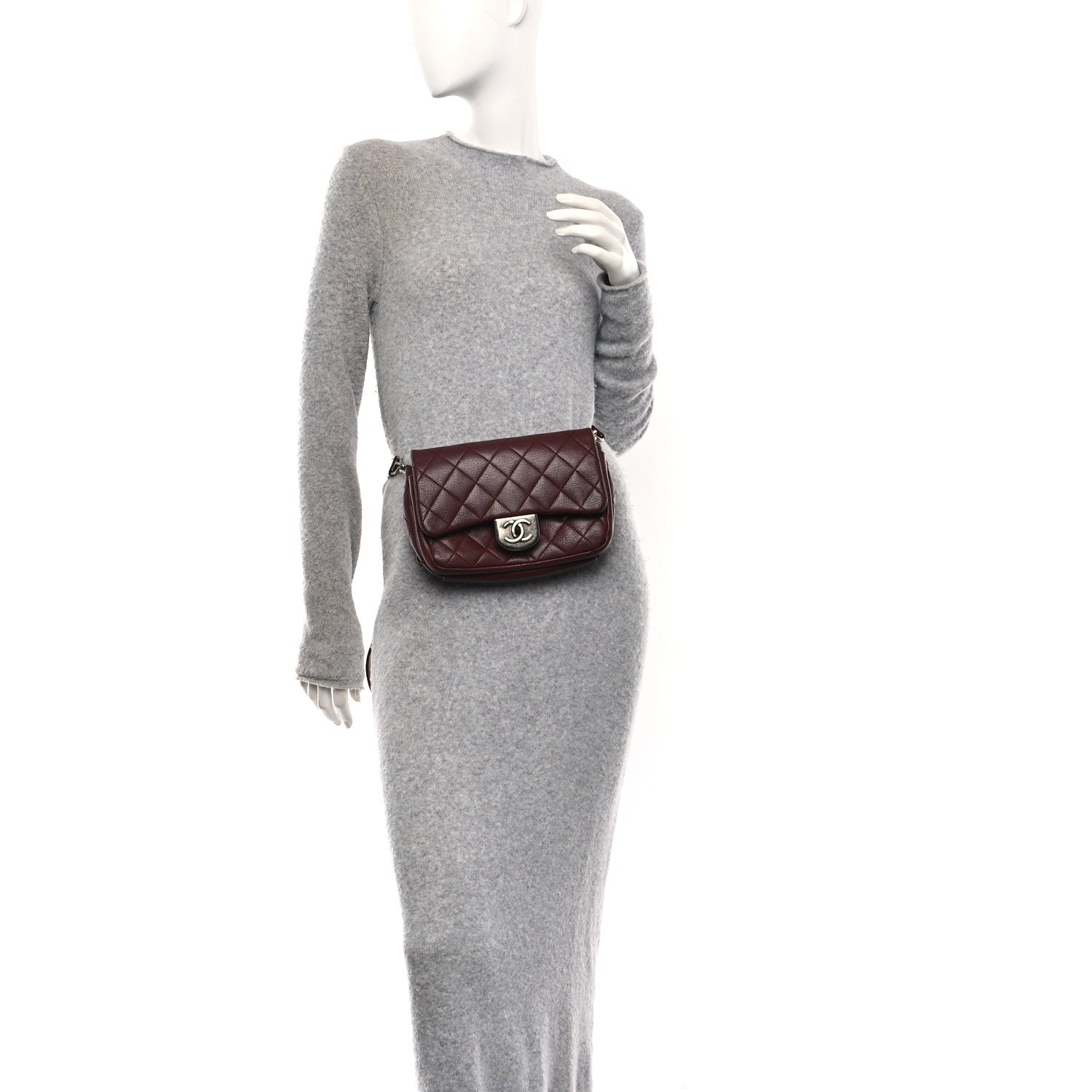 Shiny Goatskin Quilted Small Double Carry Waist Chain Flap Burgundy