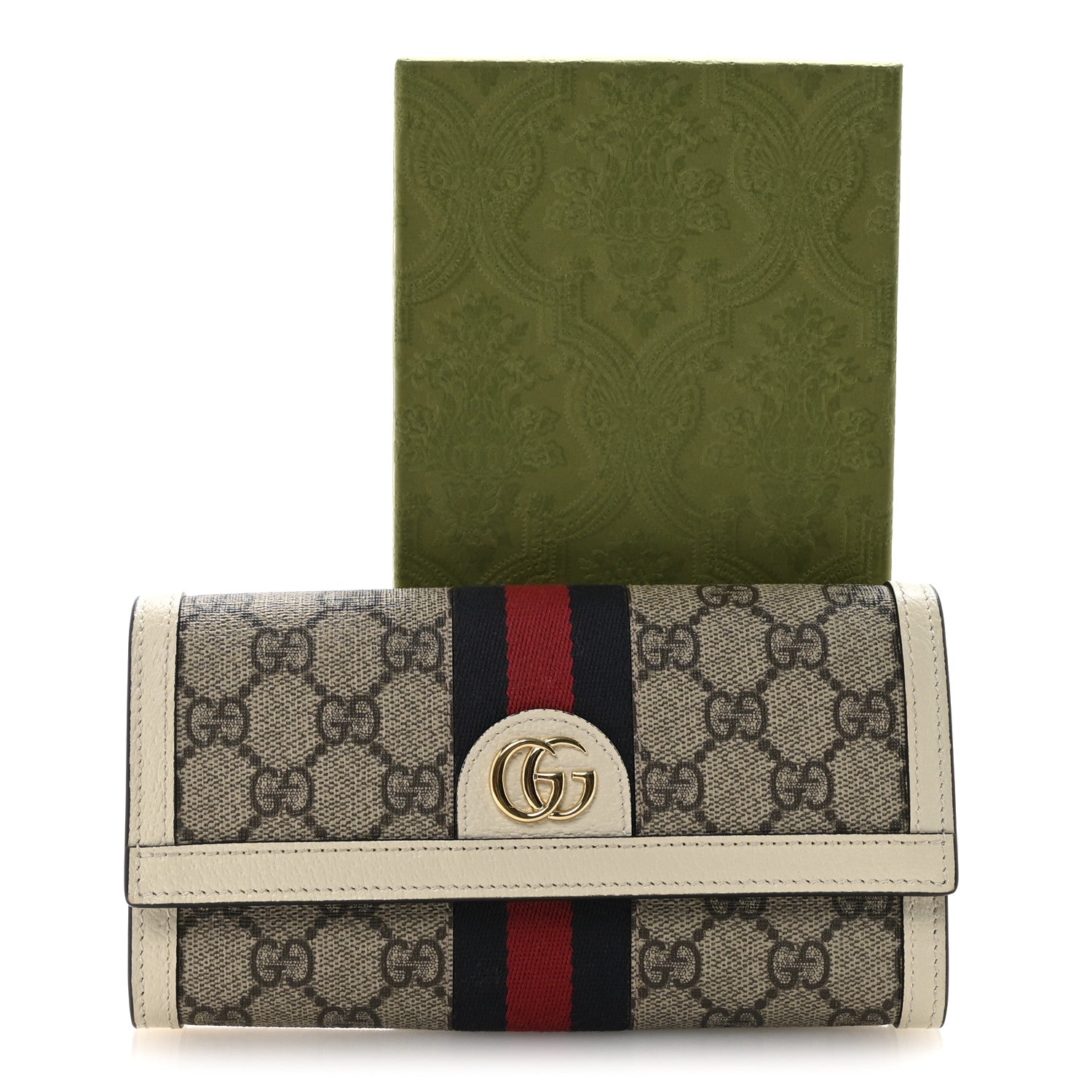 GG Supreme Monogram Textured Calfskin Web Ophidia Continental Wallet Beige White