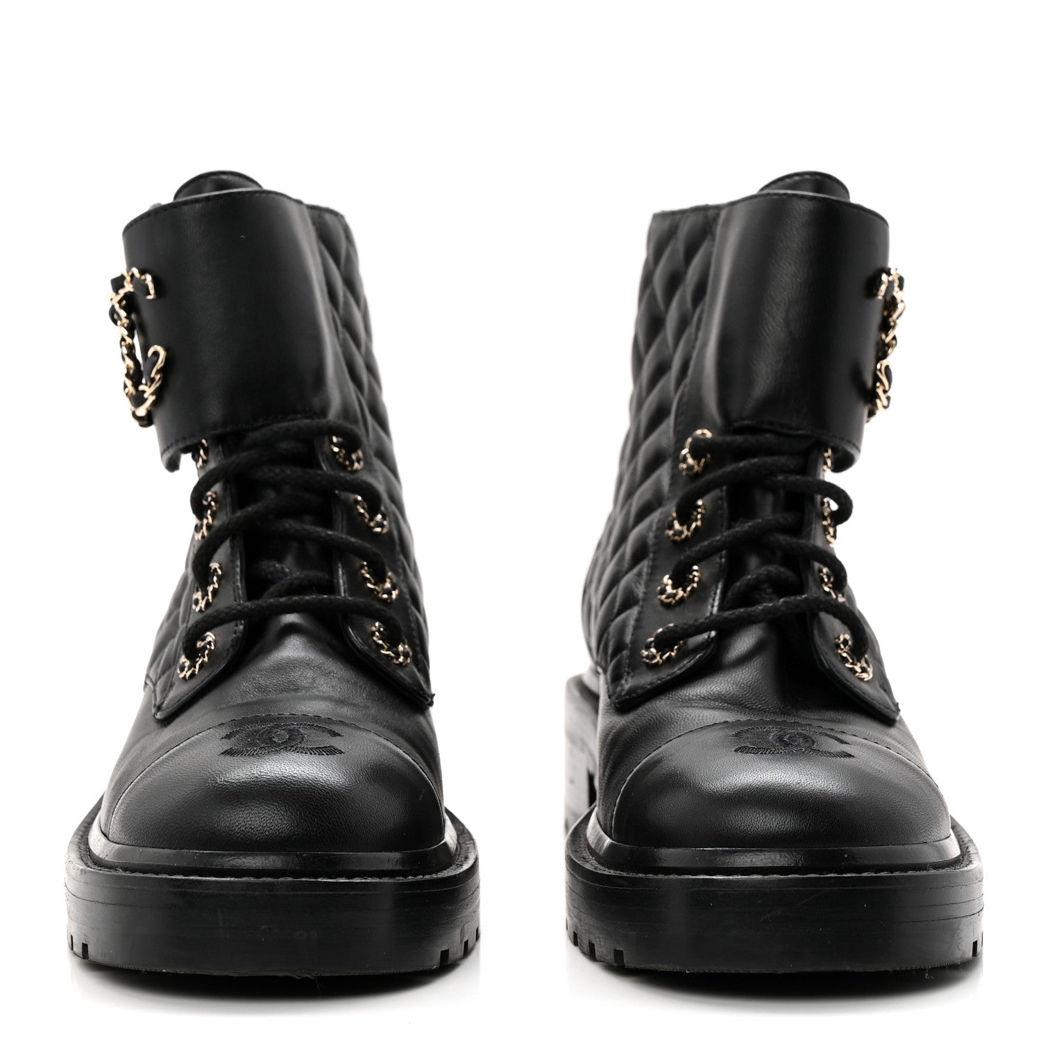 Shiny Lambskin Quilted Lace Up Combat Boots 38.5 Black