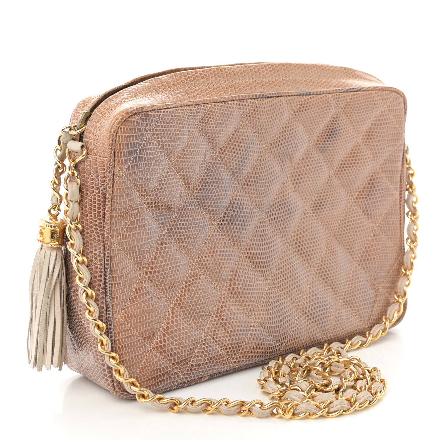 Lizard Quilted Small Tassel Camera Case Brown