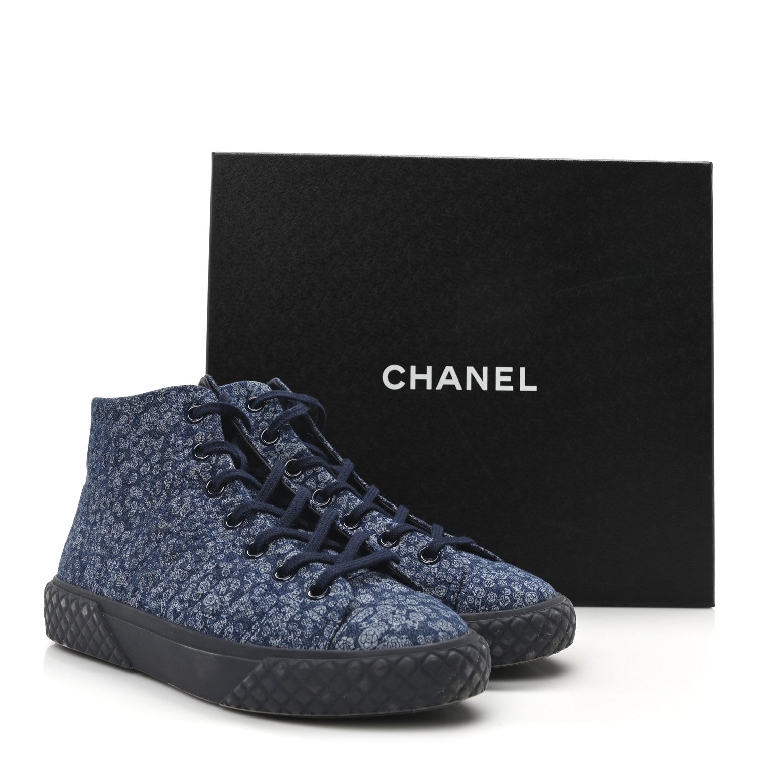 Printed Denim Quilted High Top Sneakers 37.5 Dark Blue
