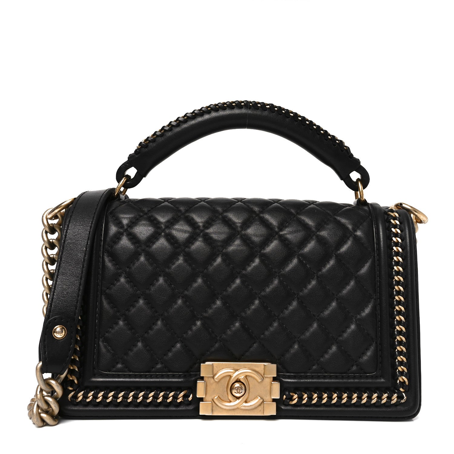 Calfskin Quilted Medium Boy Top Handle Flap Black
