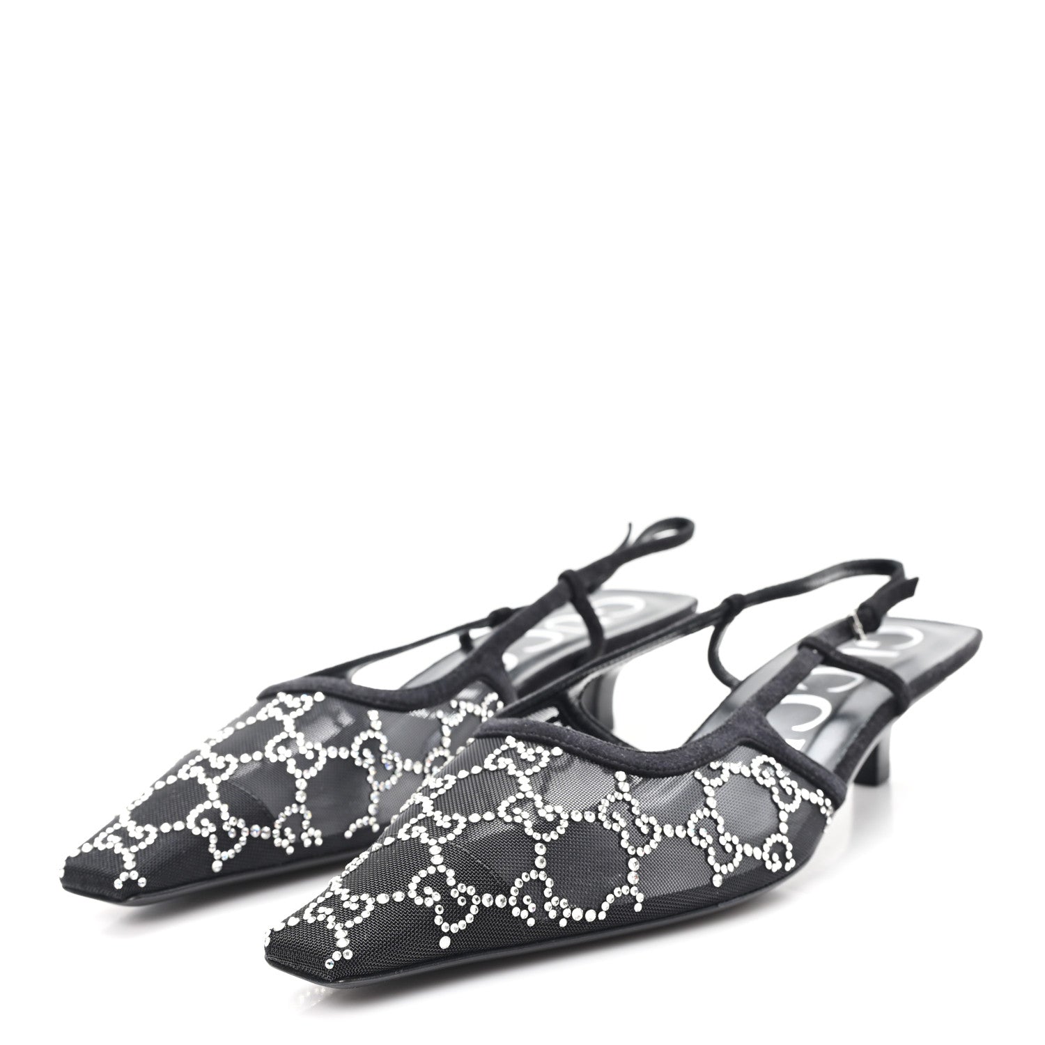 Tela Retino Kid Scamosciato Crystal GG Monogram Square G 35mm Slingback Pumps 39.5 Black