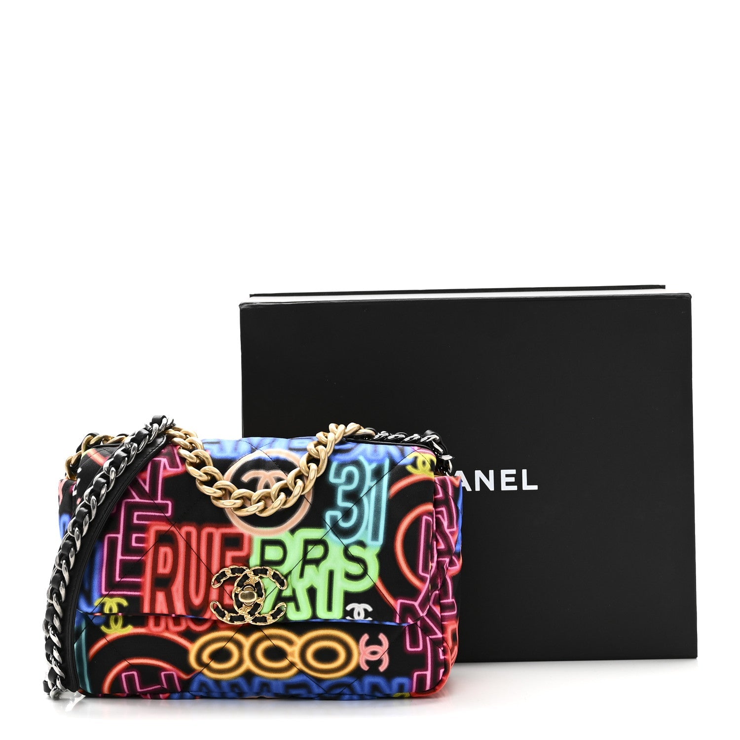 Fabric Printed Medium Chanel 19 Flap Black Multicolor