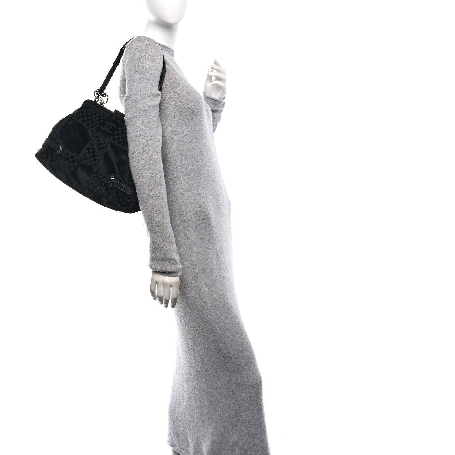 Velvet Checkered Kiss Lock Shoulder Bag Black