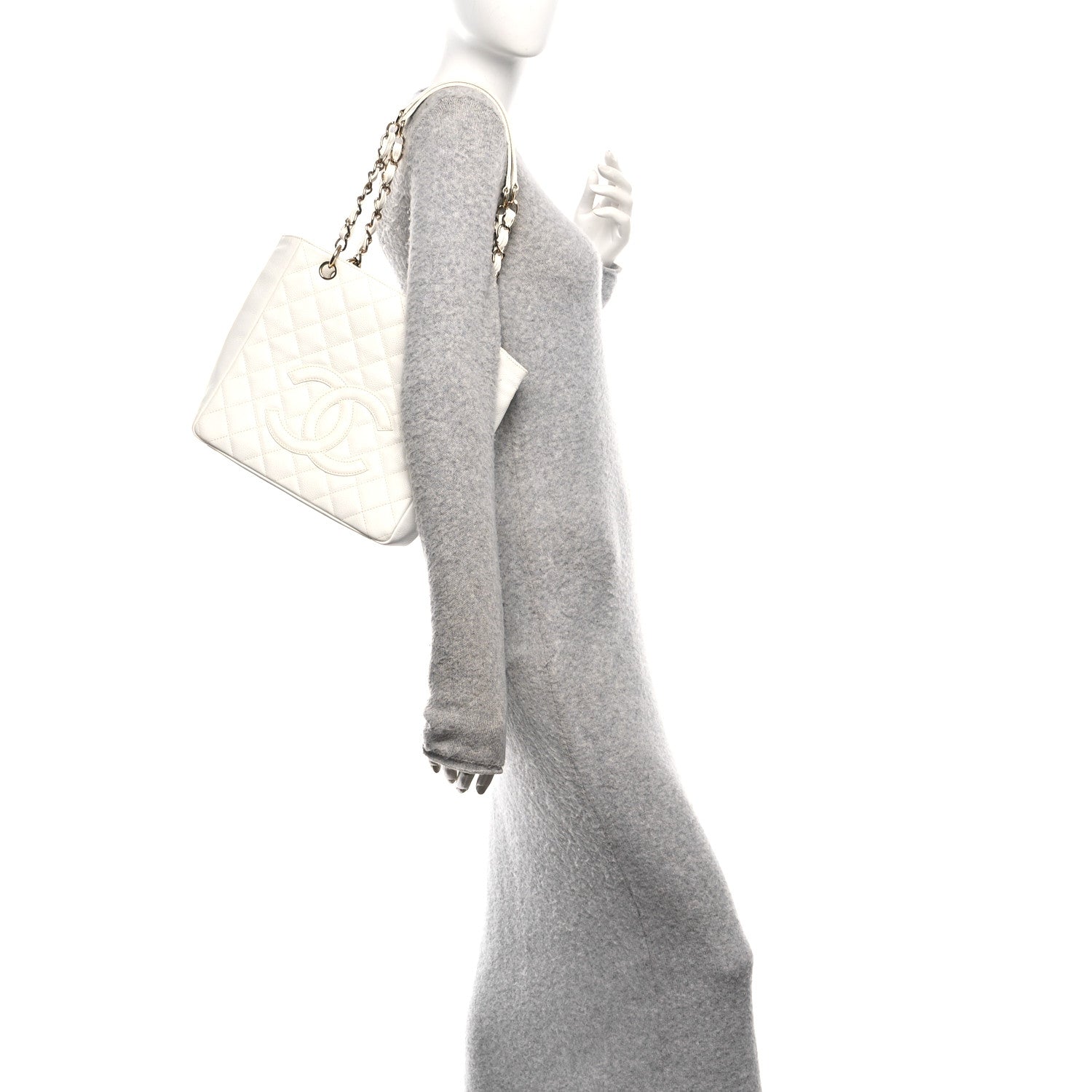 Caviar Quilted Petit Shopping Tote PST White