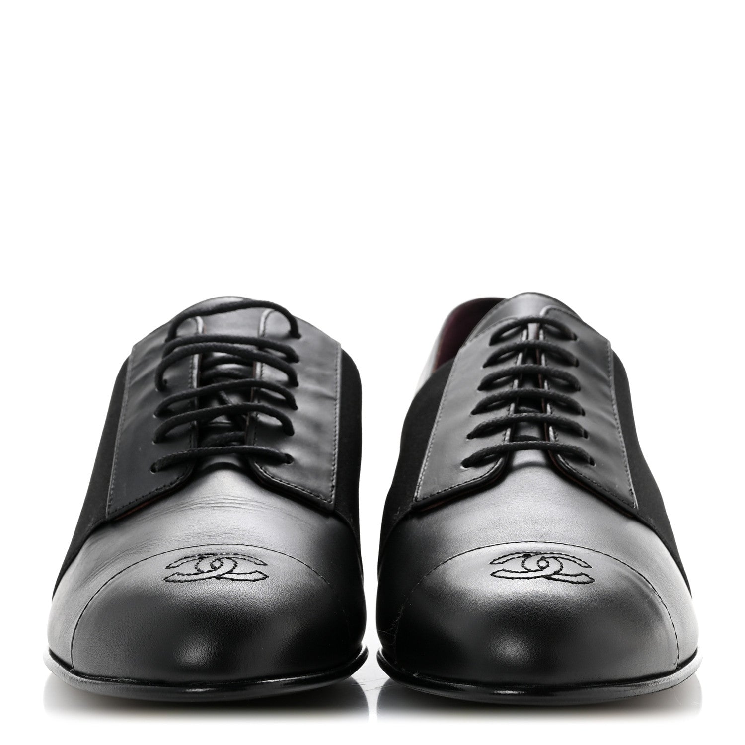 Calfskin Elastic Lace Up Cap Toe CC Loafers 40 Black