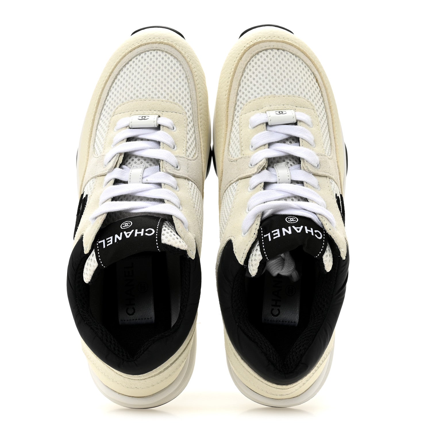 Mesh Suede Calfskin Grained Calfskin Womens CC Sneakers 38.5 White Black