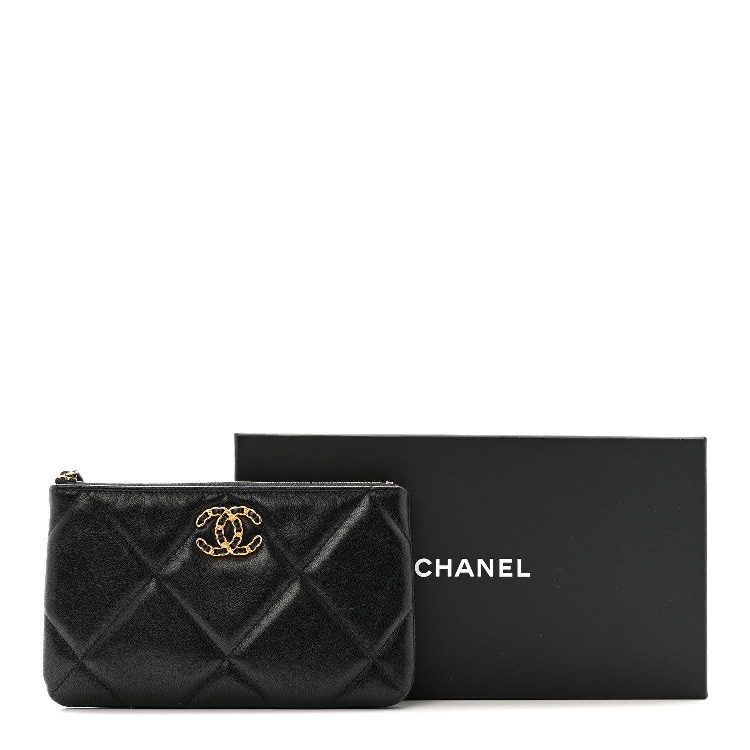 Shiny Goatskin Quilted Small Chanel 19 Pouch Black