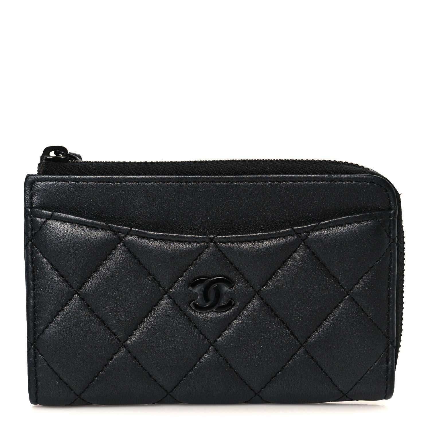 Pearly Lambskin Quilted Zip Card Holder So Black