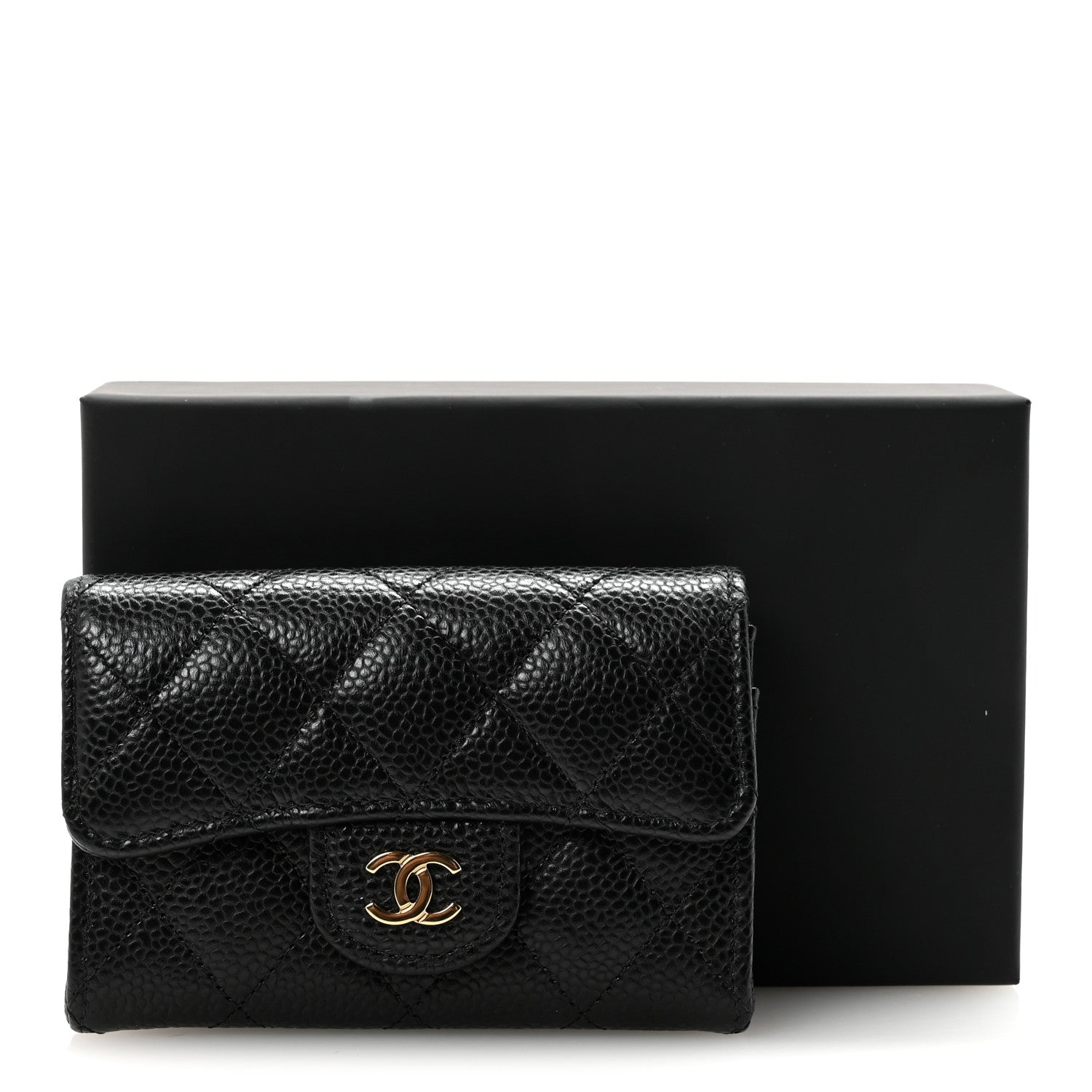 Caviar Quilted Flap Card Holder Wallet Black