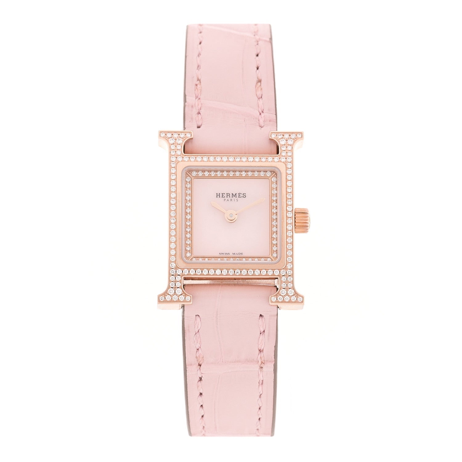 18K Rose Gold Alligator Diamond Bezel Rose Opal 17.2mm Heure H Hour Quartz Watch Rose Pale
