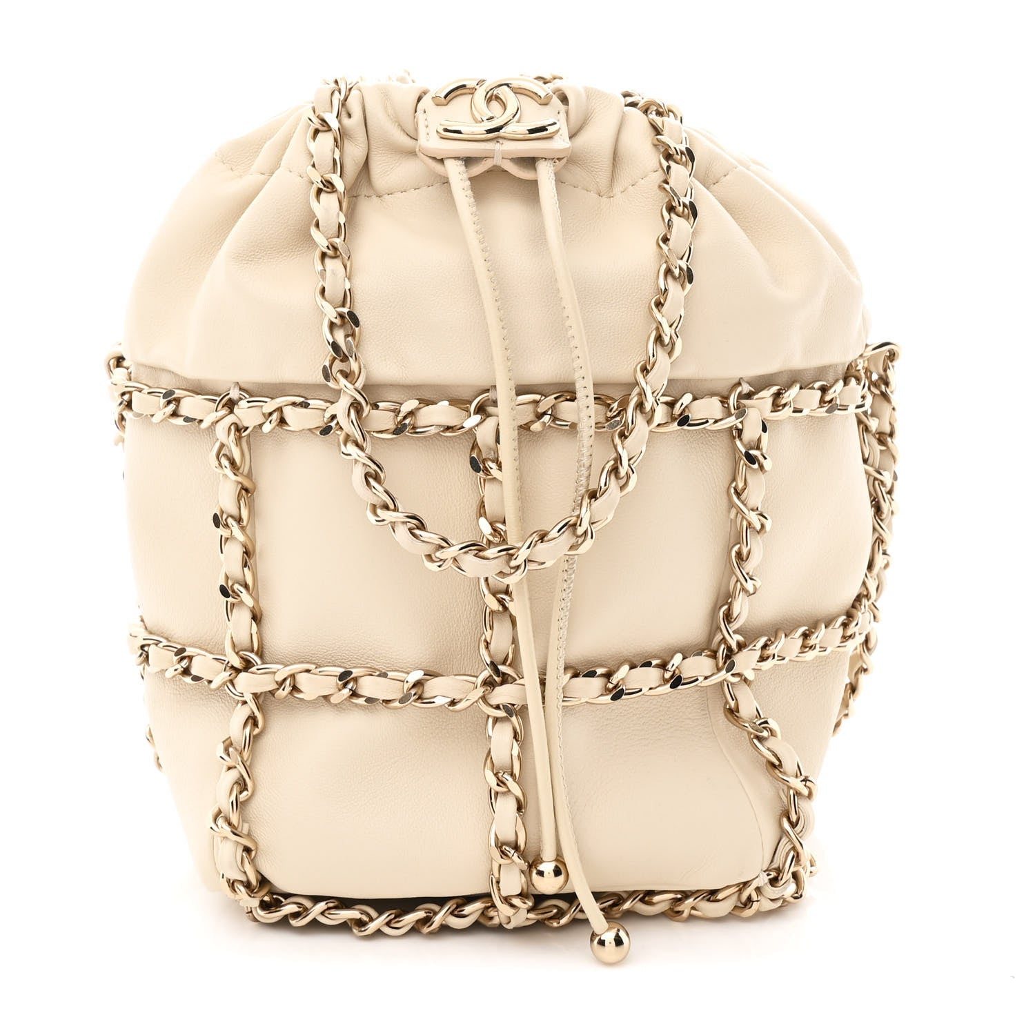 Lambskin Bucket Chain Drawstring Bag Beige