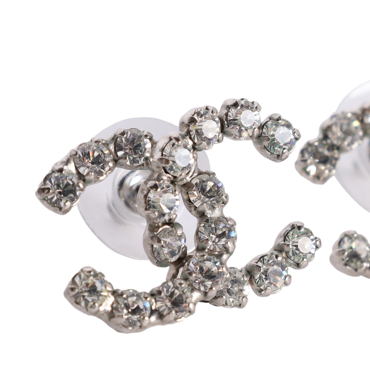 CC Logo Silver Crystal Pierced Earrings