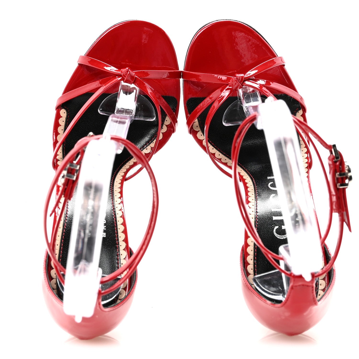 Patent Crystal Double G Ankle Wrap Sandals 37 Red