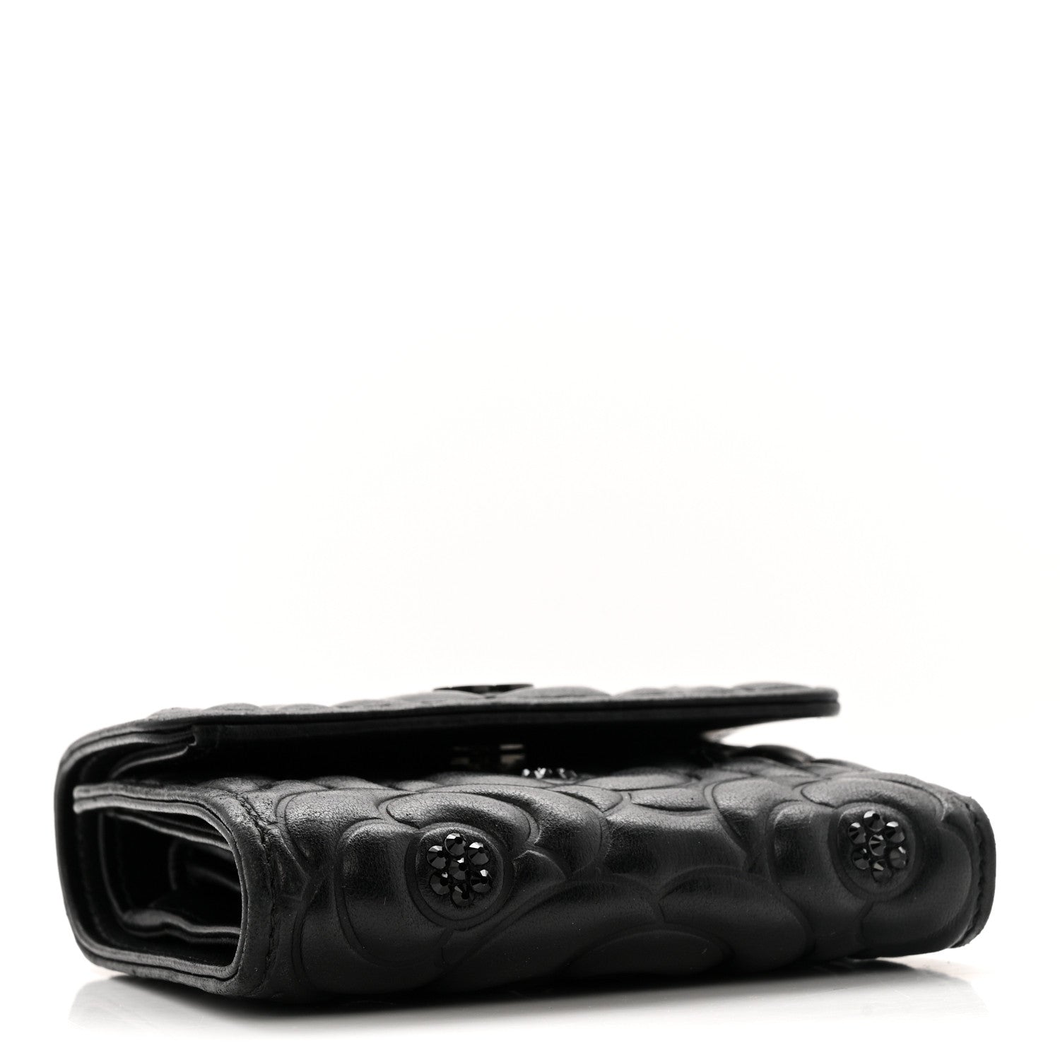 Lambskin Crystal Camellia Embossed Small Double Wallet Black