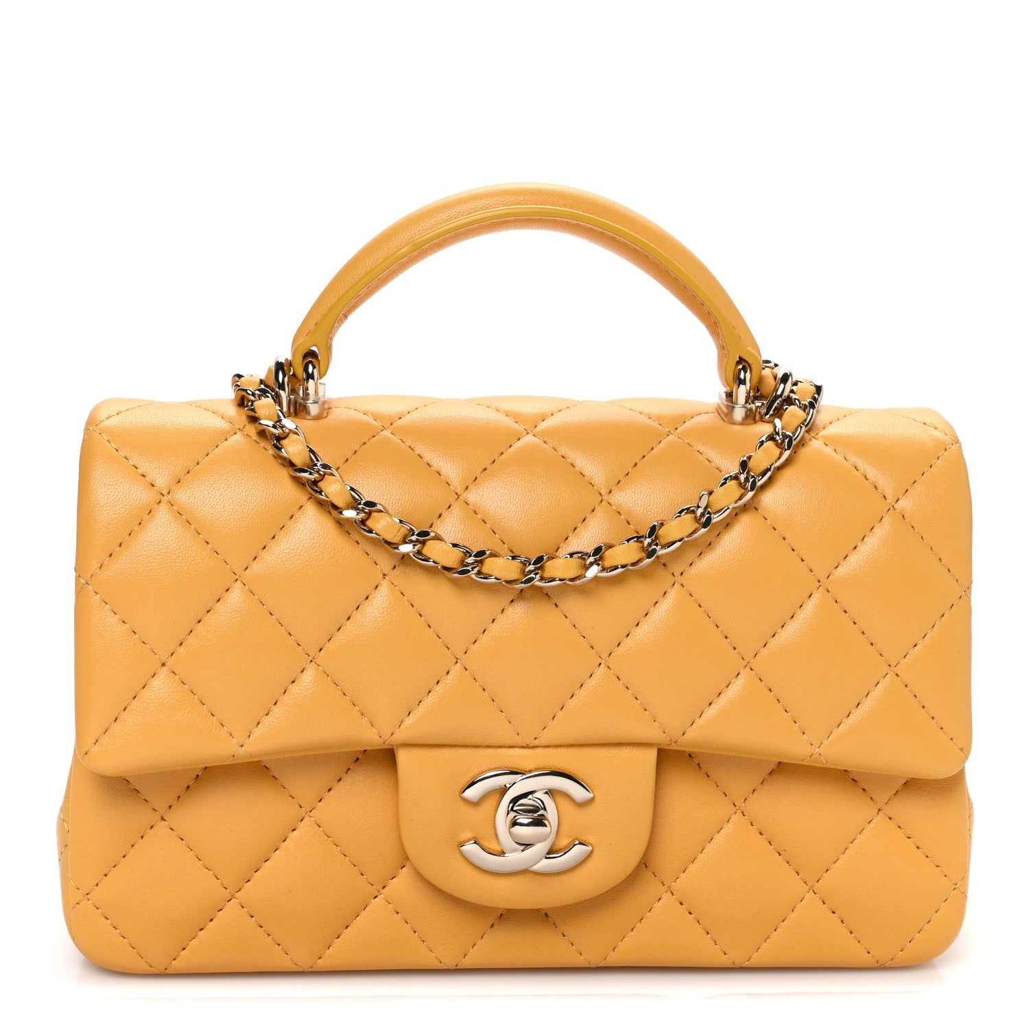 Lambskin Quilted Mini Top Handle Rectangular Flap Yellow