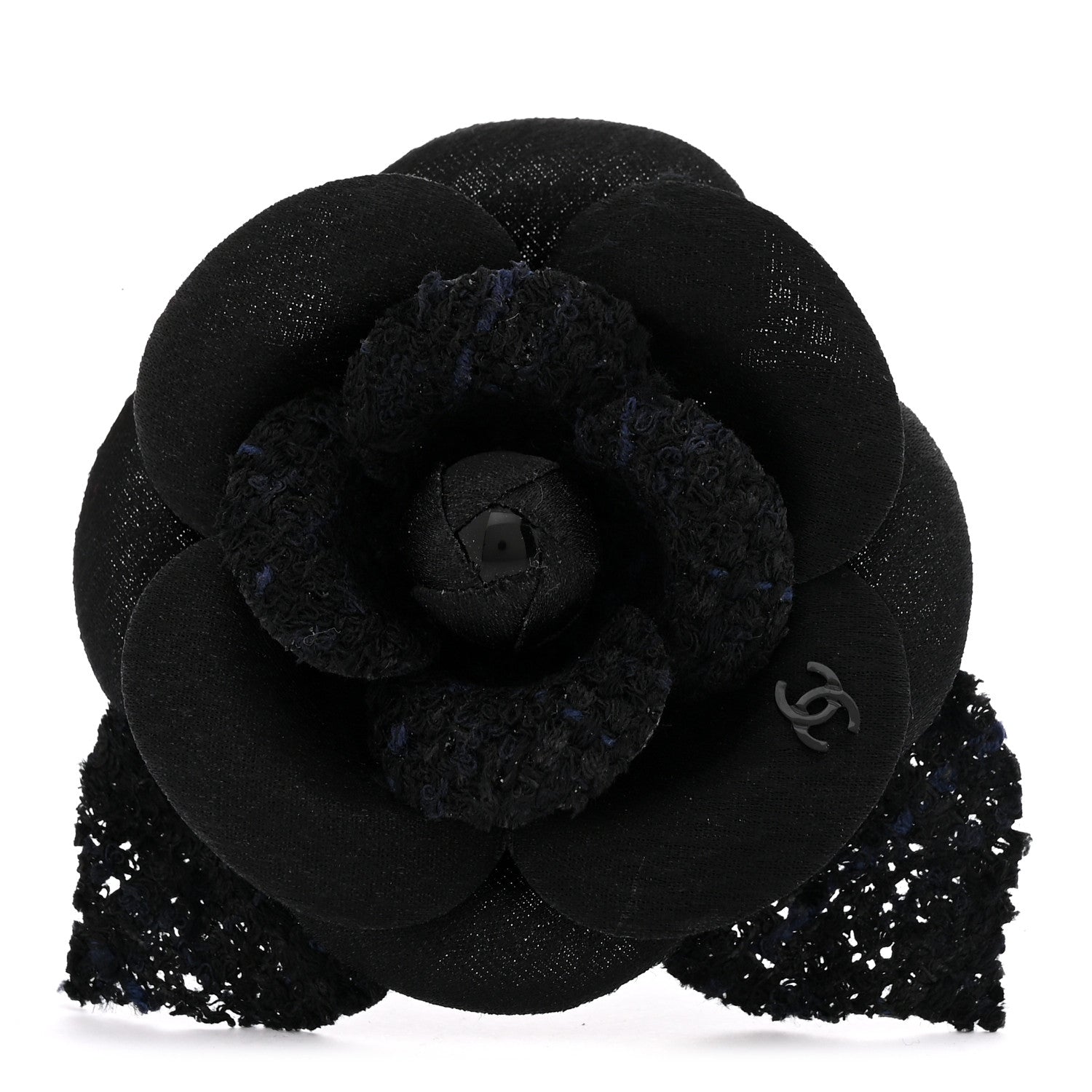 Tweed Fabric Camellia Pin Brooch Navy Blue Black