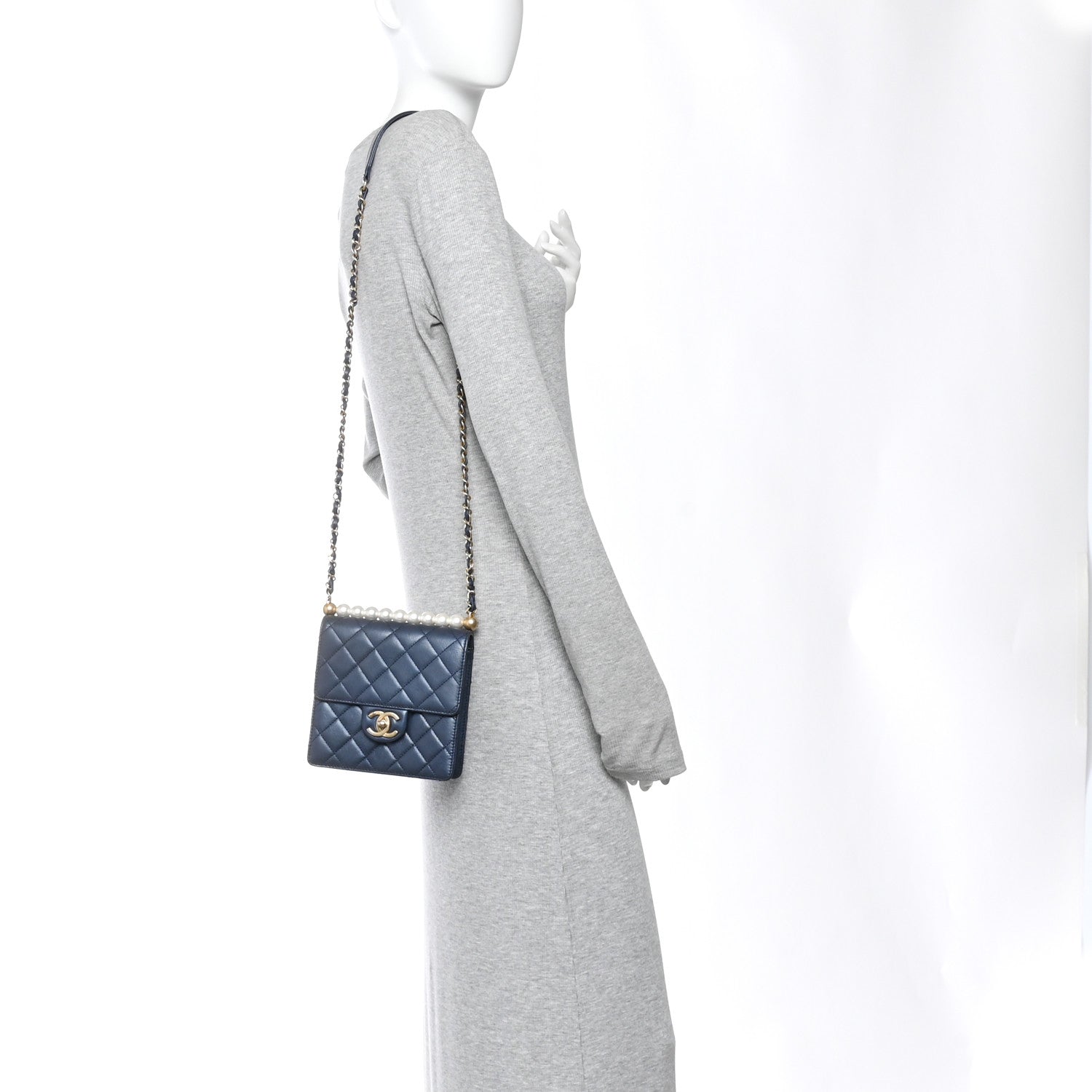 Iridescent Lambskin Quilted Chic Pearls Flap Navy Blue
