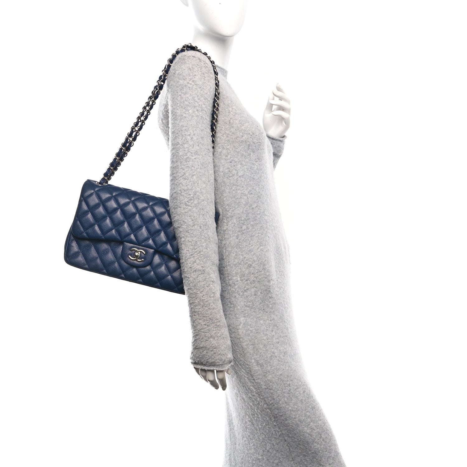 Caviar Quilted Jumbo Double Flap Navy Blue