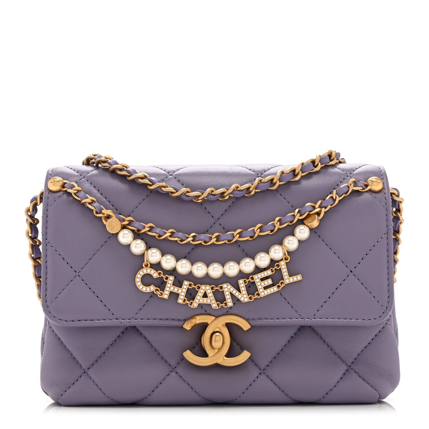 Shiny Lambskin Quilted Mini Pearl Logo Flap Light Purple
