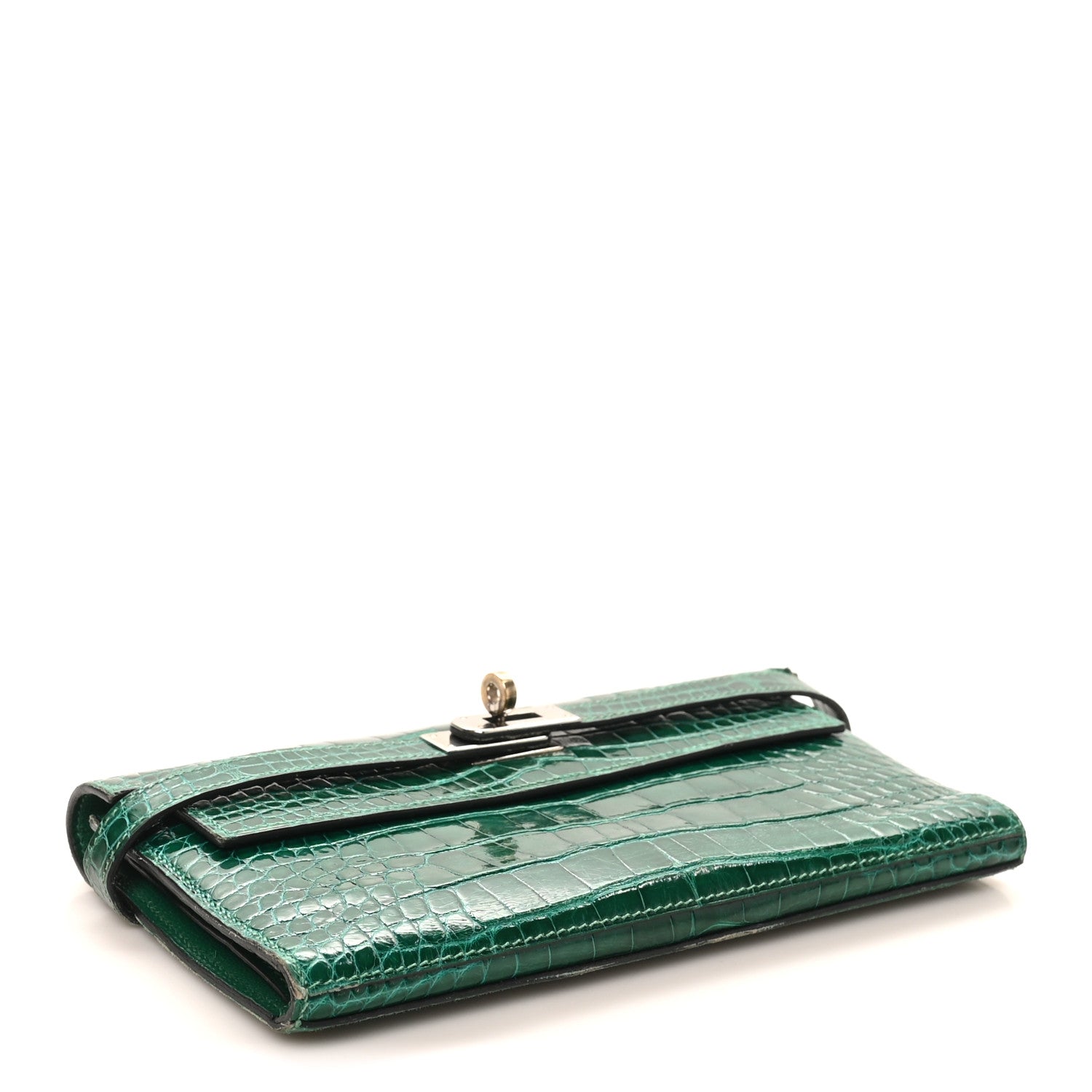 Shiny Alligator Kelly Tri-Fold Longue Wallet Vert Emeraude