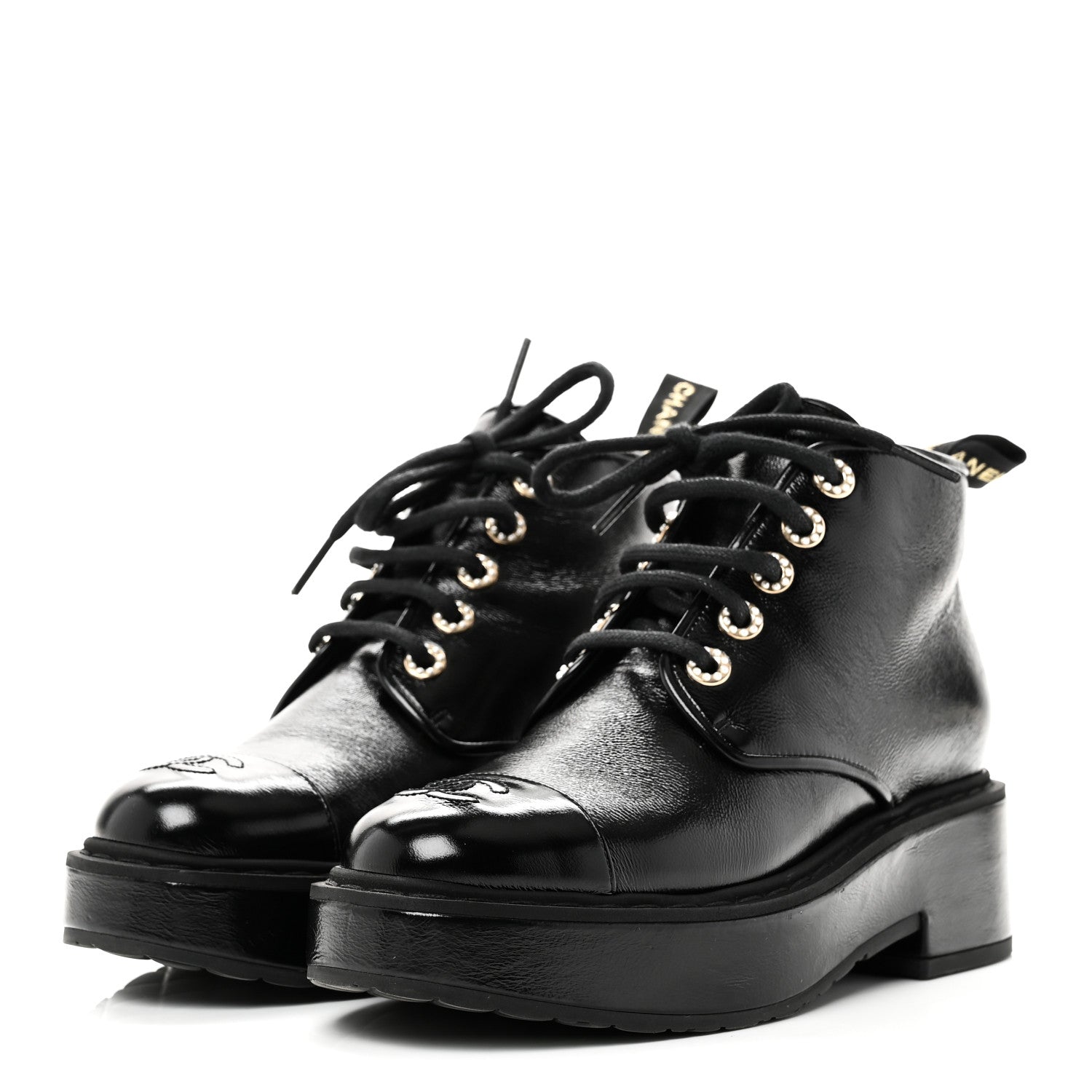 Shiny Calfskin Pearl Lace Up Combat Short Boots 38 Black