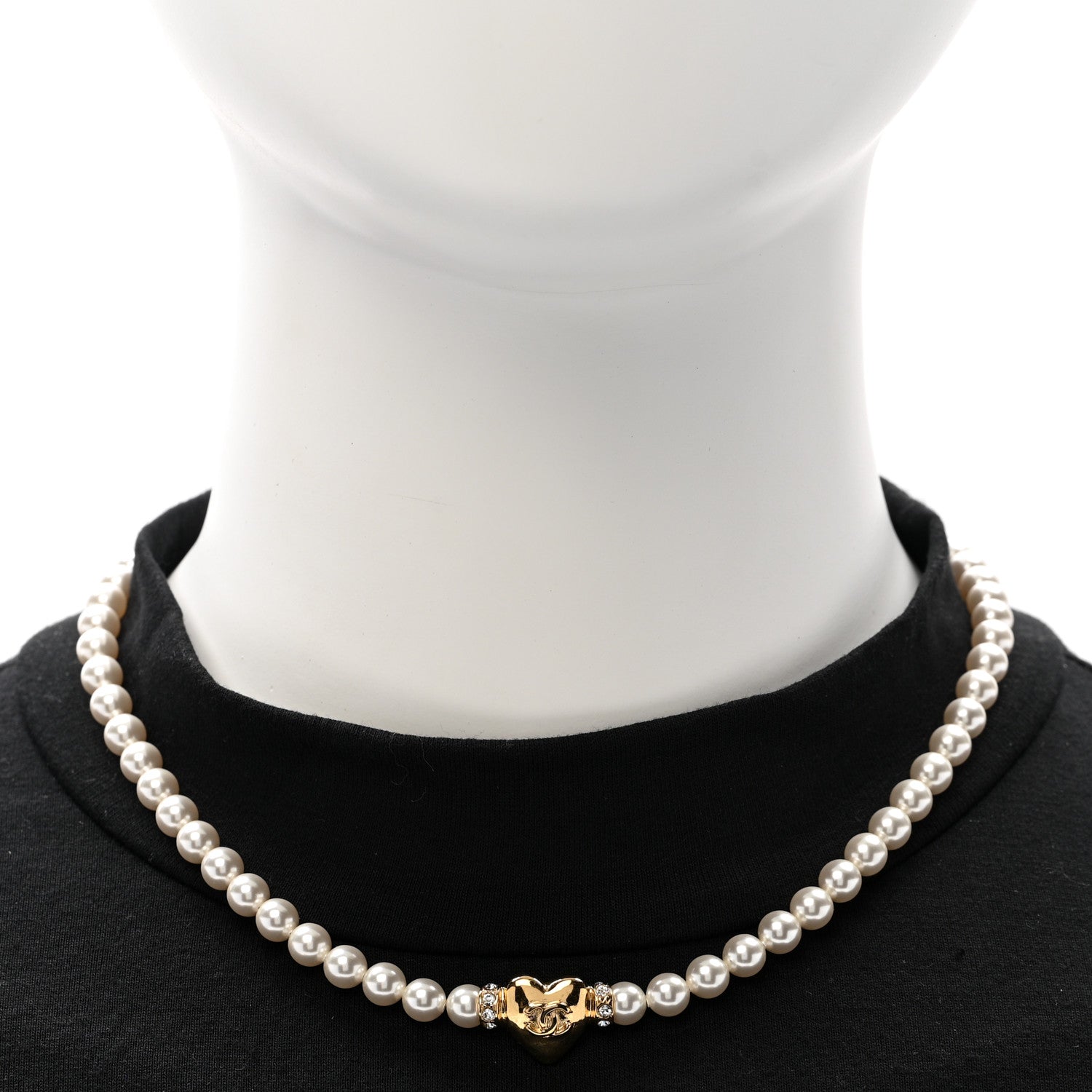 Crystal Pearl CC Heart Choker Necklace Gold