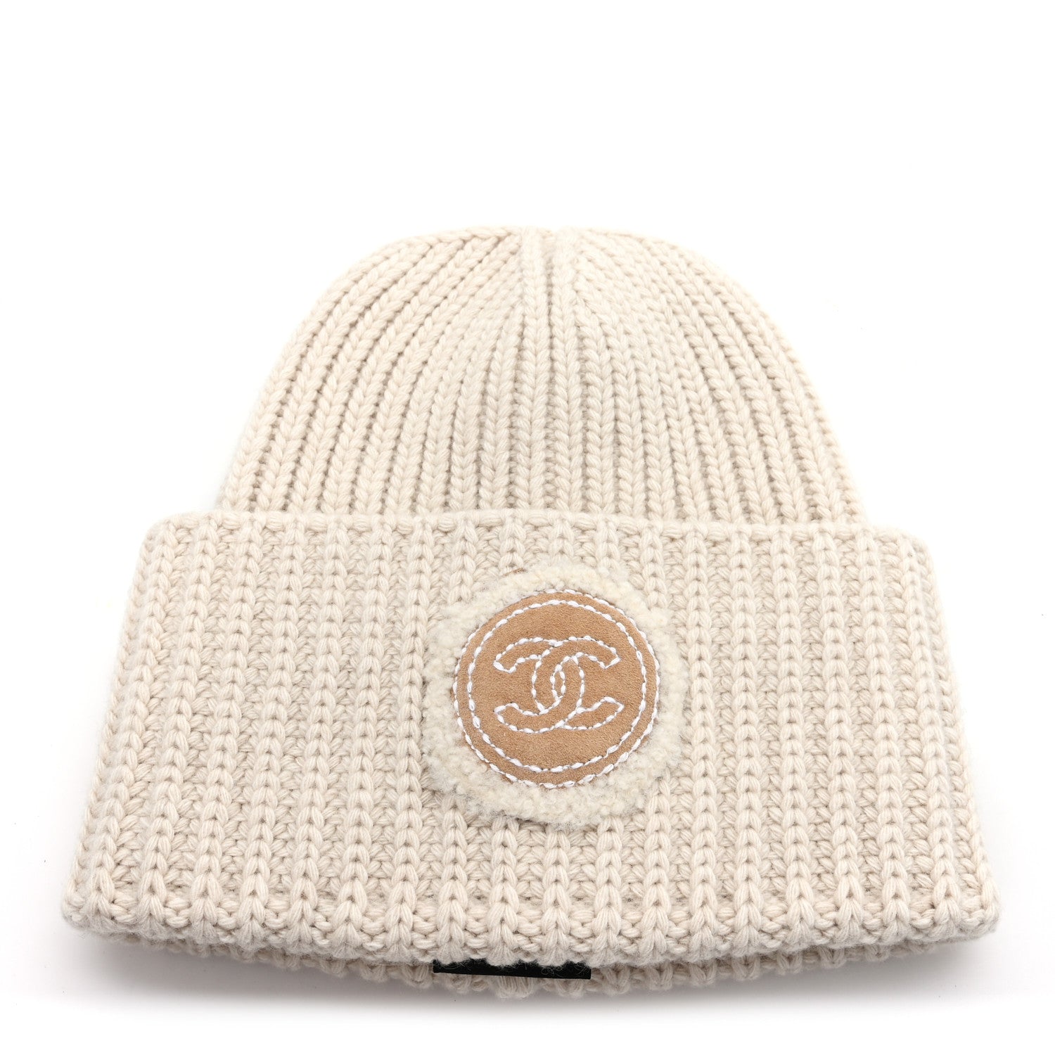 Wool Cashmere Sheepskin Shearling CC Patch Beanie Hat  Ecru Dark Beige