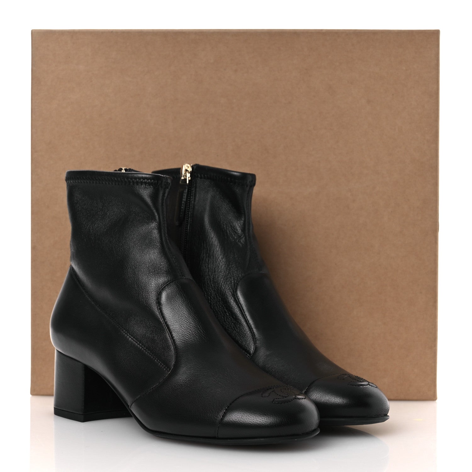 Stretch Lambskin Cap Toe CC Short Boots 36.5 Black