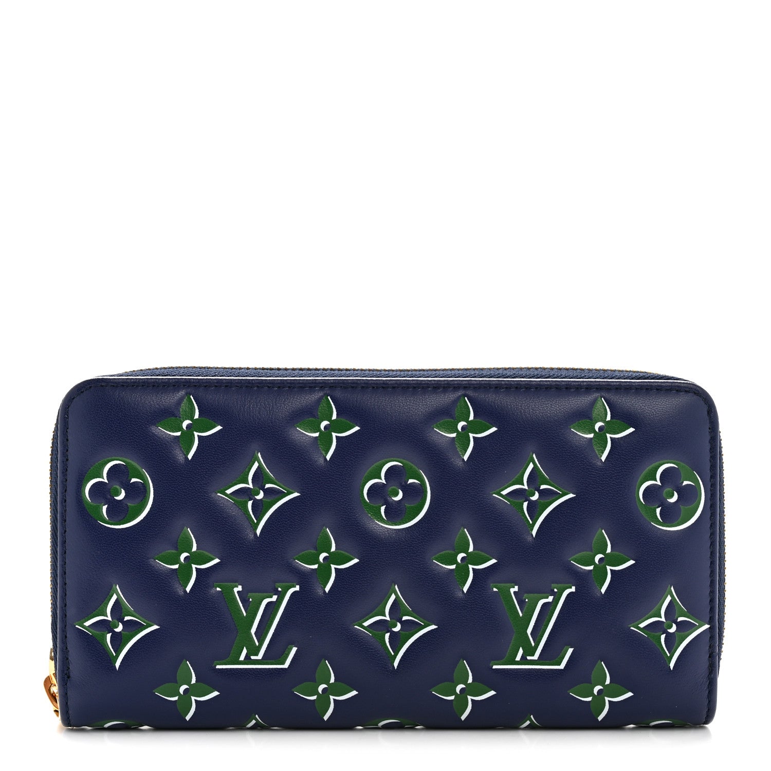 Lambskin Embossed Monogram LV Coussin Zippy Wallet Blue Green