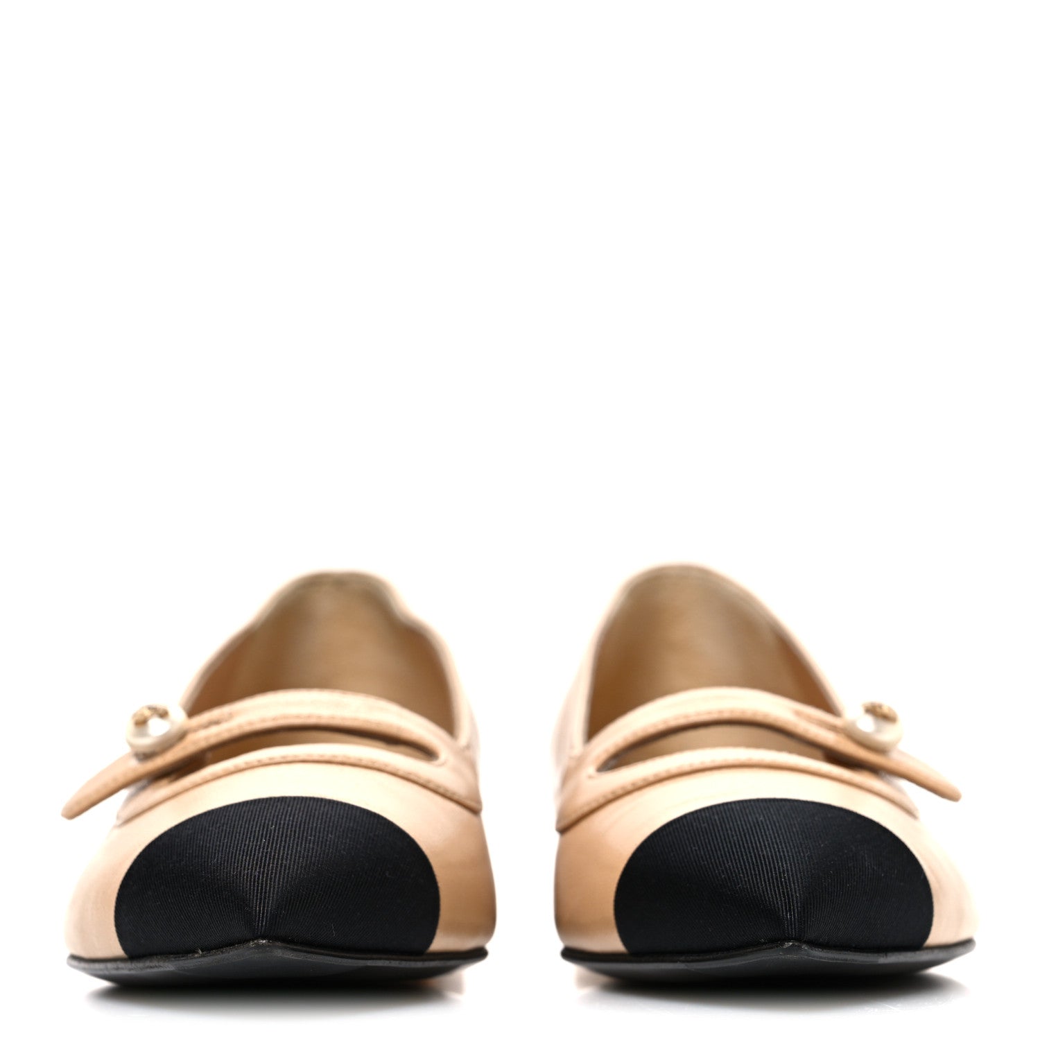 Shiny Lambskin Grosgrain Pointed Toe CC Ballet Flats 36 Beige Black
