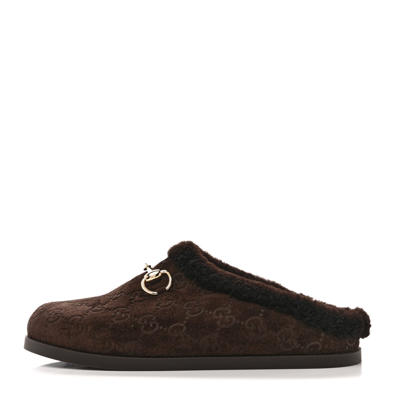 Suede GG Debossed Shearling Womens Horsebit Mules 36 Dark Brown