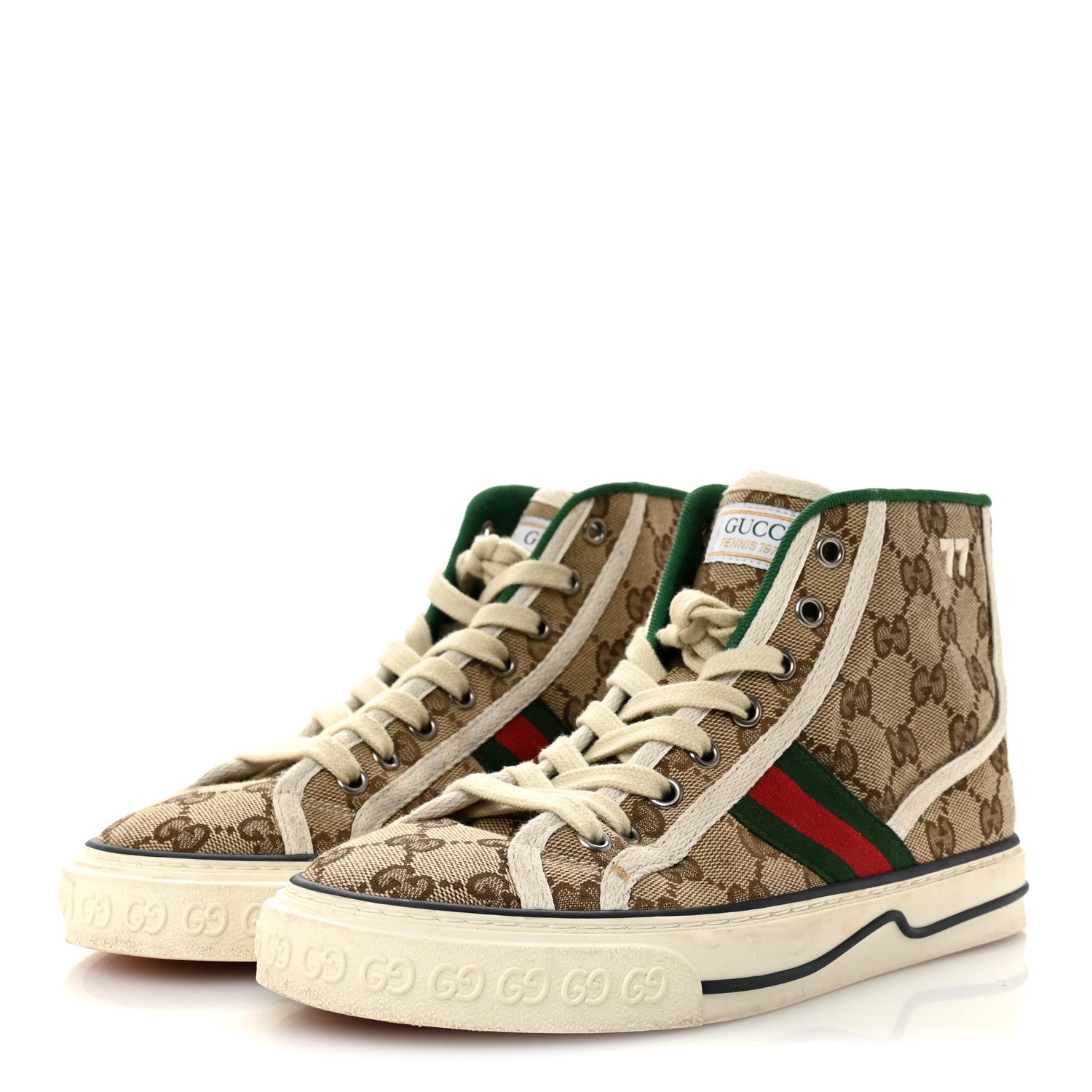 GG Monogram Web Womens 1977 Tennis High Top Sneakers 37 Beige Ebony Mystic White